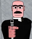 Blotsky pointing a gun at Thrash